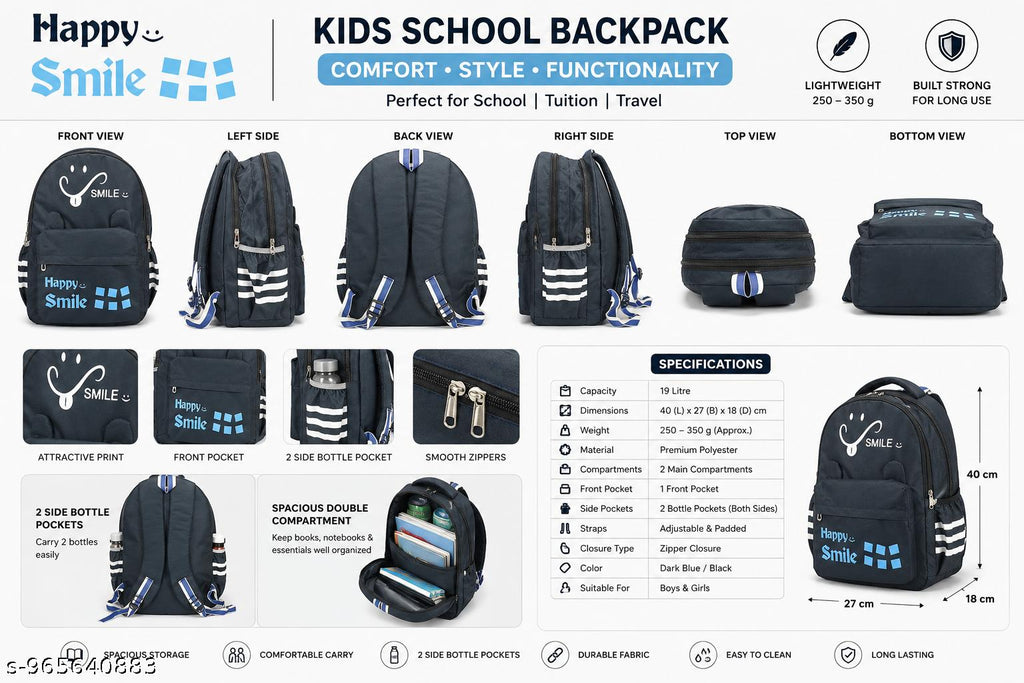 Kids School Backpack | Cute Smile Print Lightweight School Bag for Boys & Girls
