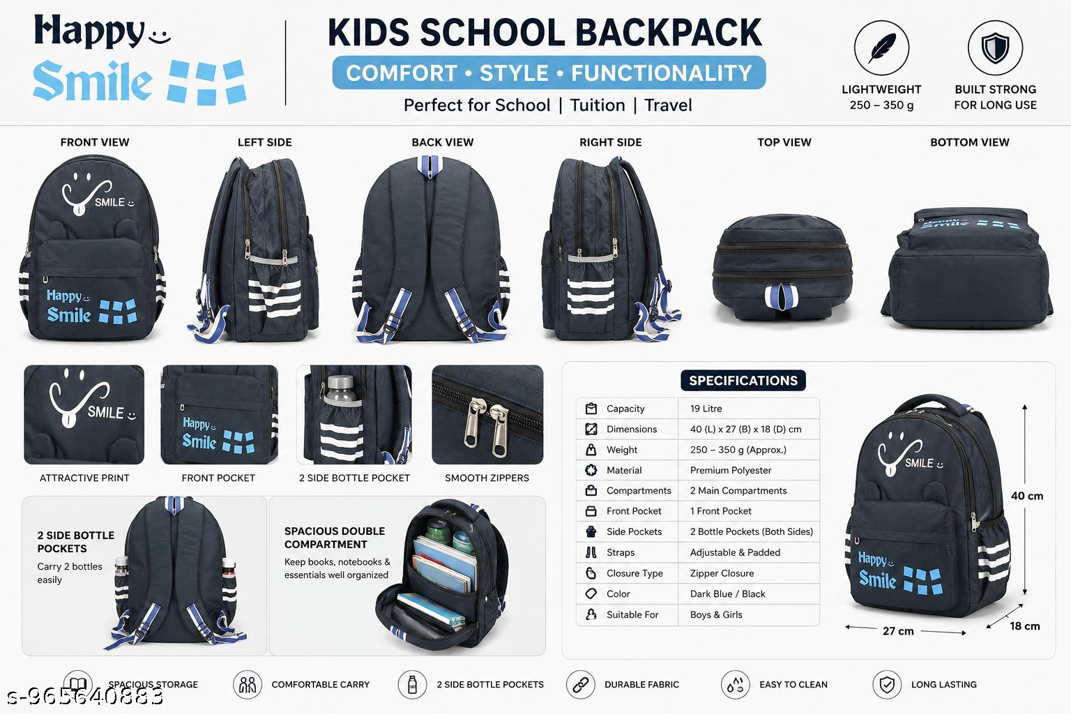 Kids School Backpack | Cute Smile Print Lightweight School Bag for Boys & Girls