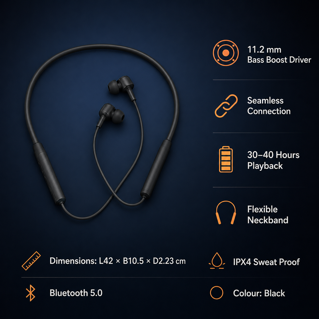 HANVORA Wireless Bluetooth Neckband Earphones | Bluetooth 5.0 | 11.2mm Bass Boost Driver | Up to 40 Hours Playback | IPX4 Sweat Resistant | Built-in Mic | Magnetic Earbuds for Music, Calls & Workouts