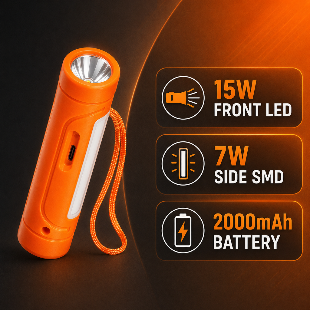 HANVORA Rechargeable LED Emergency Torch Light | 2000mAh Battery | Up to 10 Hours Front Light | Side COB Light | Portable Handheld Flashlight for Home, Camping & Power Cuts