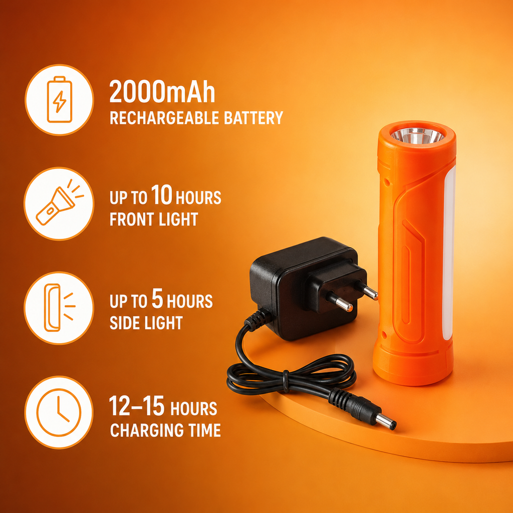 HANVORA Rechargeable LED Emergency Torch Light | 2000mAh Battery | Up to 10 Hours Front Light | Side COB Light | Portable Handheld Flashlight for Home, Camping & Power Cuts
