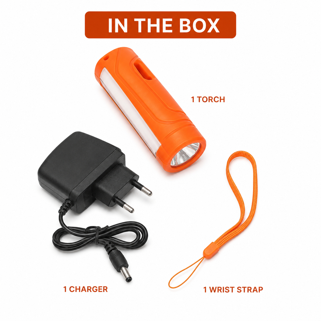 HANVORA Rechargeable LED Emergency Torch Light | 2000mAh Battery | Up to 10 Hours Front Light | Side COB Light | Portable Handheld Flashlight for Home, Camping & Power Cuts