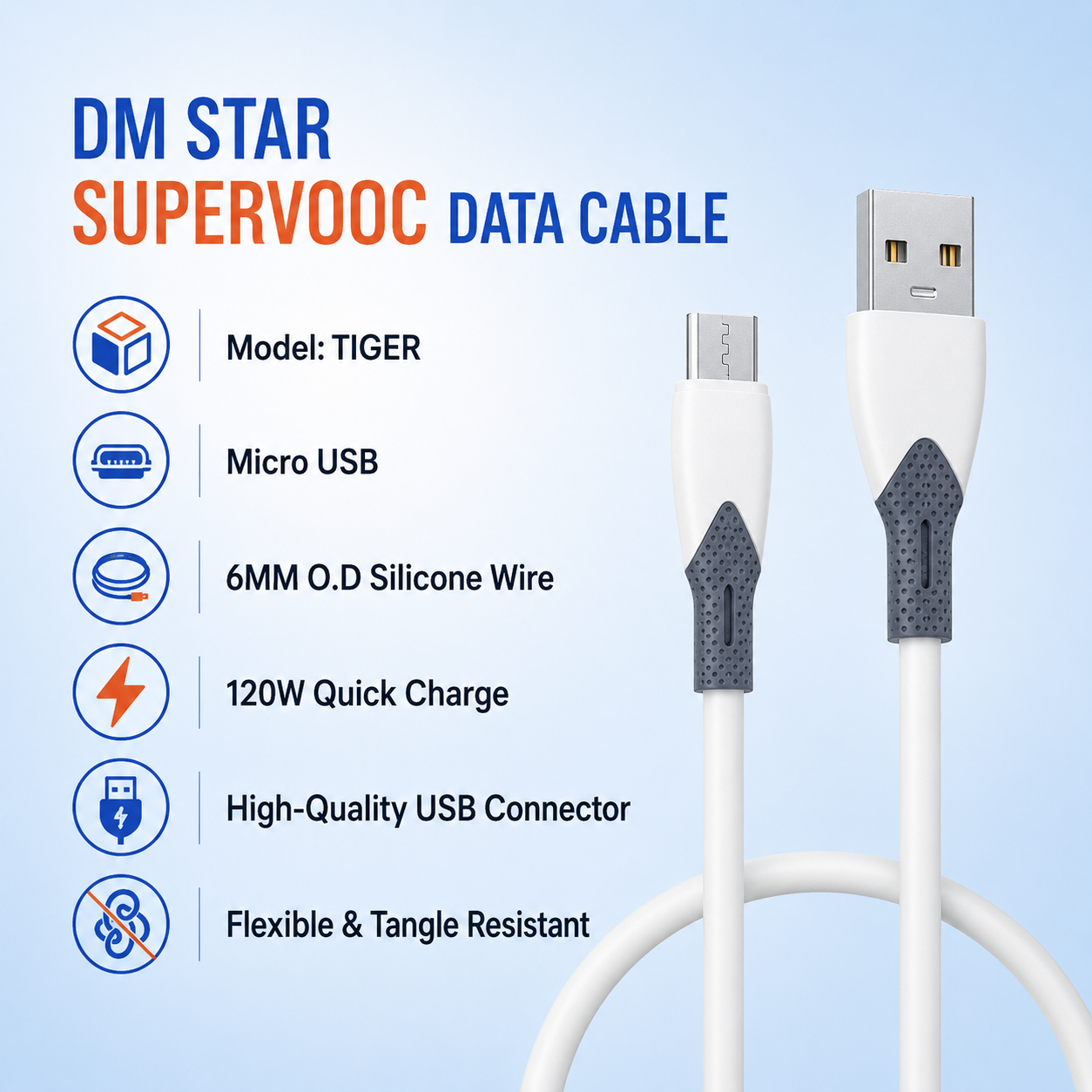 HANVORA USB to Micro USB Fast Charging & Data Cable | 120W High-Speed Charge | Durable Silicone Cable | Tangle-Resistant Sync Cable for Android Smartphones, Power Banks & Accessories