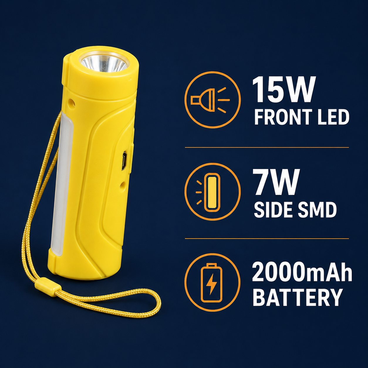 HANVORA Rechargeable LED Emergency Torch Light | 2000mAh Battery | Up to 10 Hours Front Light | Side COB Light | Portable Handheld Flashlight for Home, Camping & Power Cuts