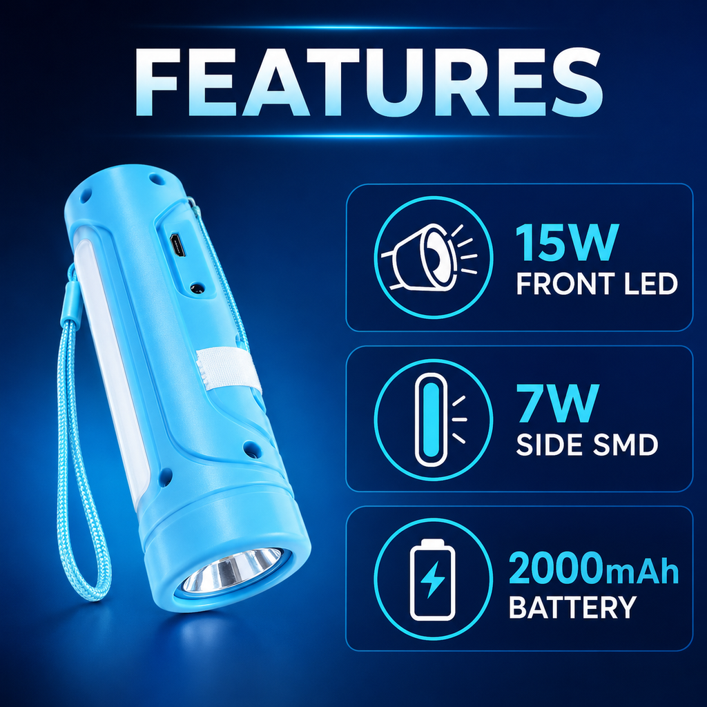 HANVORA Rechargeable LED Emergency Torch Light | 2000mAh Battery | Up to 10 Hours Front Light | Side COB Light | Portable Handheld Flashlight for Home, Camping & Power Cuts