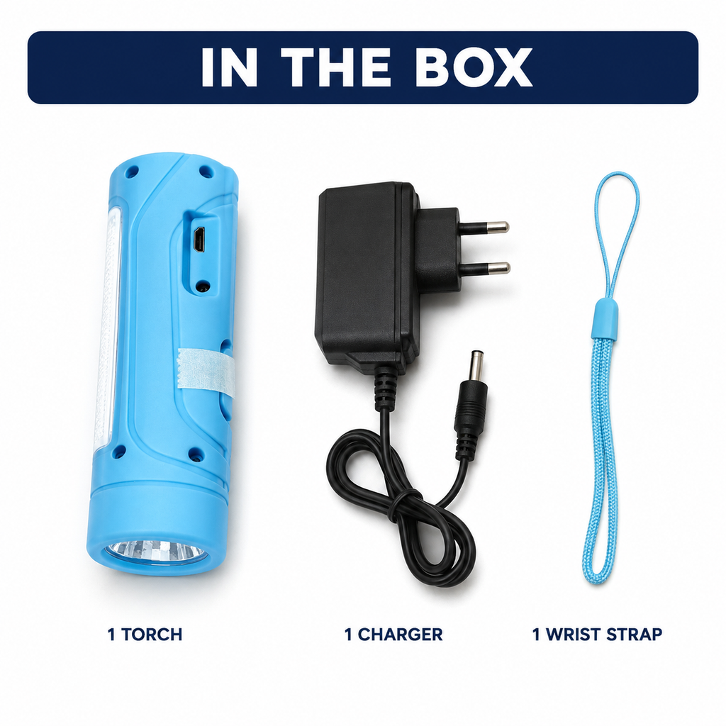 HANVORA Rechargeable LED Emergency Torch Light | 2000mAh Battery | Up to 10 Hours Front Light | Side COB Light | Portable Handheld Flashlight for Home, Camping & Power Cuts