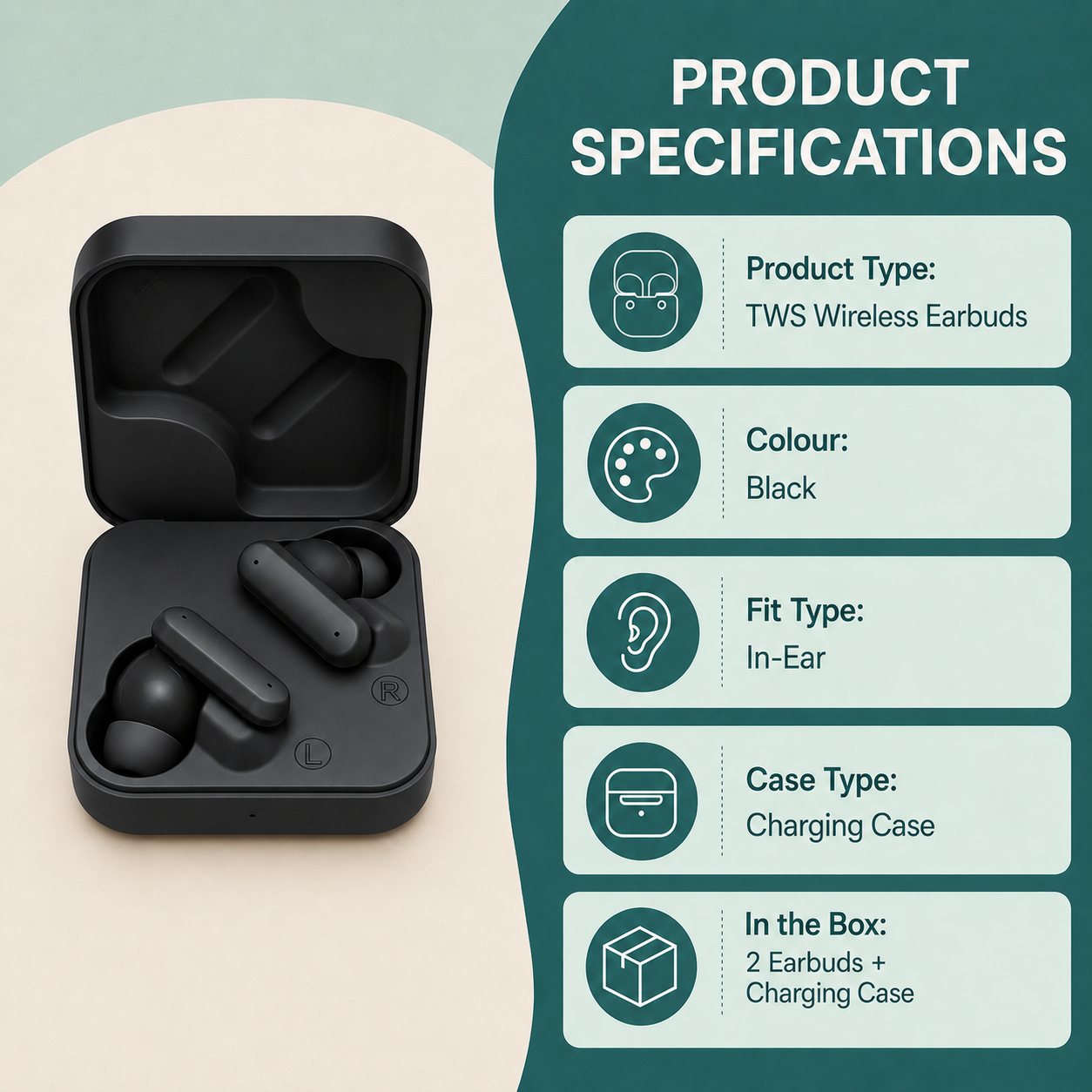HANVORA Wireless Bluetooth Earbuds with Charging Case | True Wireless Stereo (TWS) | In-Ear Noise Isolating Earphones | Deep Bass | Touch Control | Lightweight Earbuds for Music, Calls & Gaming
