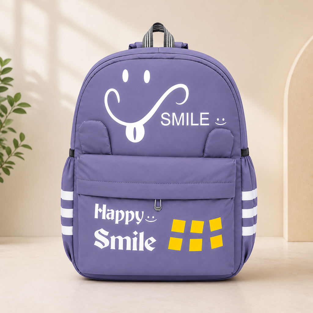 Happy Smile Kids School Backpack | Lightweight Water-Resistant Backpack for Boys & Girls | Spacious School Bag with Side Bottle Pocket & Cute Bear Keychain