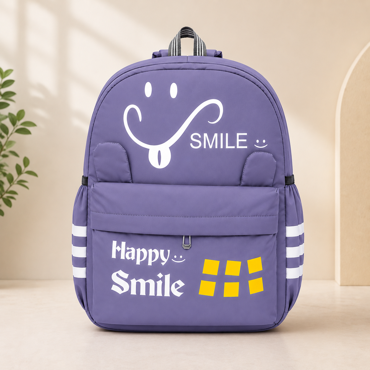 Happy Smile Kids School Backpack | Lightweight Water-Resistant Backpack for Boys & Girls | Spacious School Bag with Side Bottle Pocket & Cute Bear Keychain