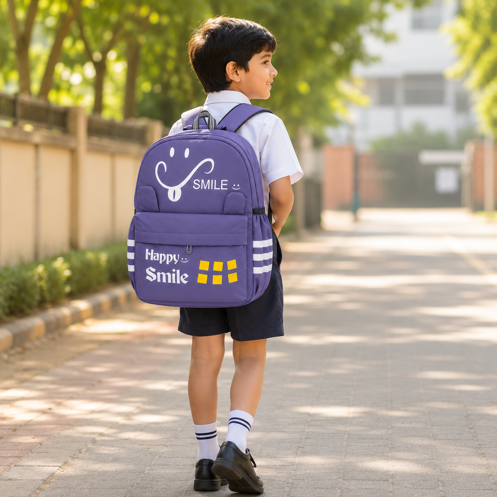 Happy Smile Kids School Backpack | Lightweight Water-Resistant Backpack for Boys & Girls | Spacious School Bag with Side Bottle Pocket & Cute Bear Keychain