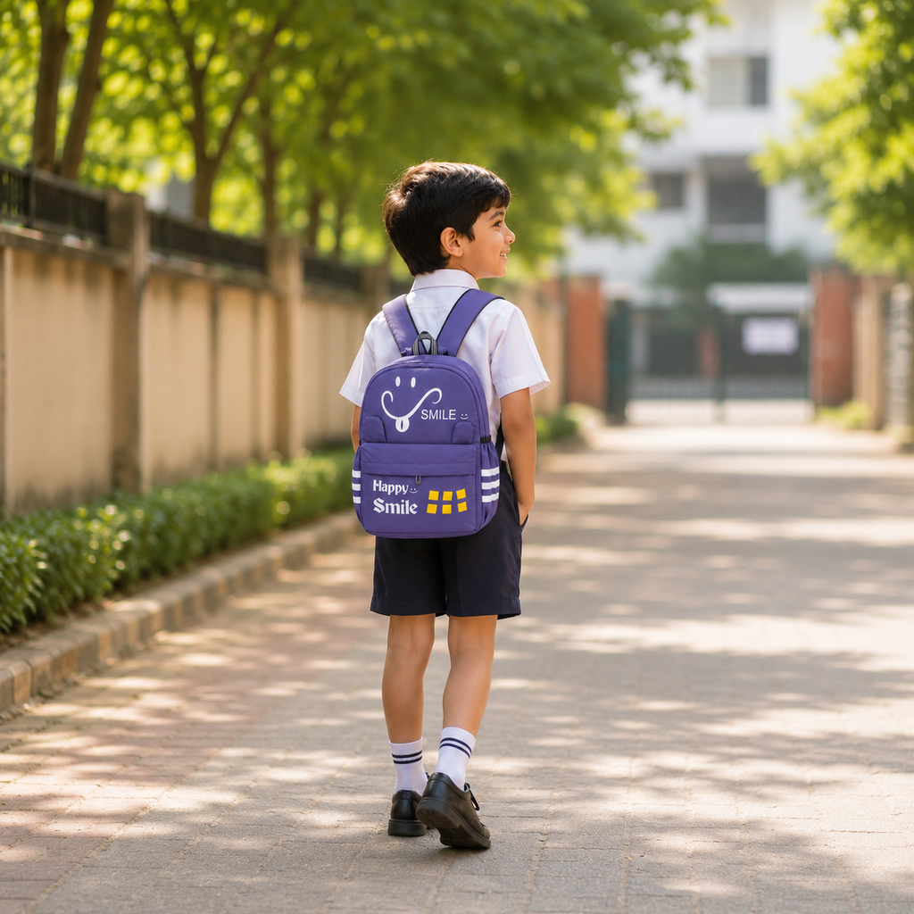 Happy Smile Kids School Backpack | Lightweight Water-Resistant Backpack for Boys & Girls | Spacious School Bag with Side Bottle Pocket & Cute Bear Keychain