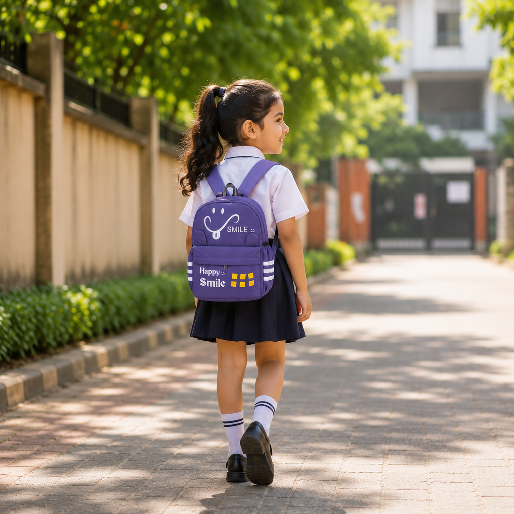 Happy Smile Kids School Backpack | Lightweight Water-Resistant Backpack for Boys & Girls | Spacious School Bag with Side Bottle Pocket & Cute Bear Keychain