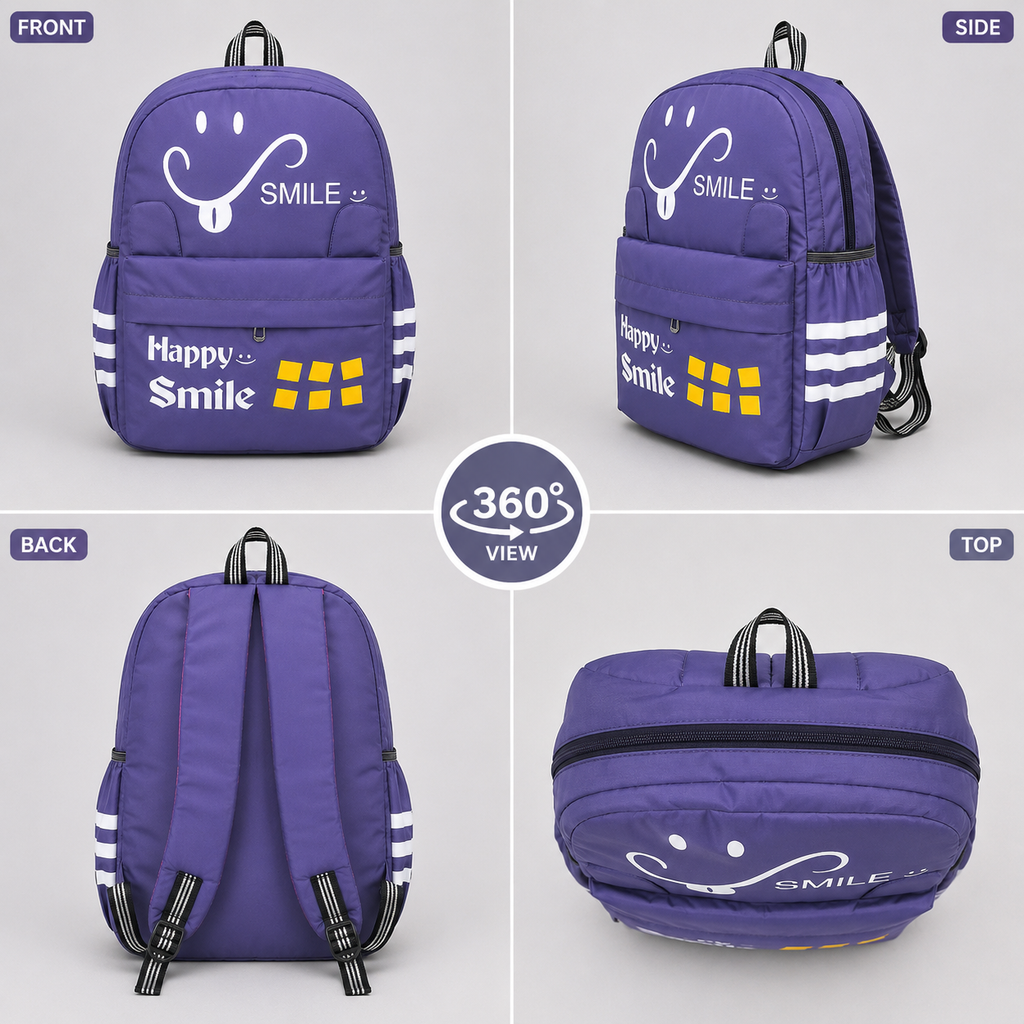 Happy Smile Kids School Backpack | Lightweight Water-Resistant Backpack for Boys & Girls | Spacious School Bag with Side Bottle Pocket & Cute Bear Keychain