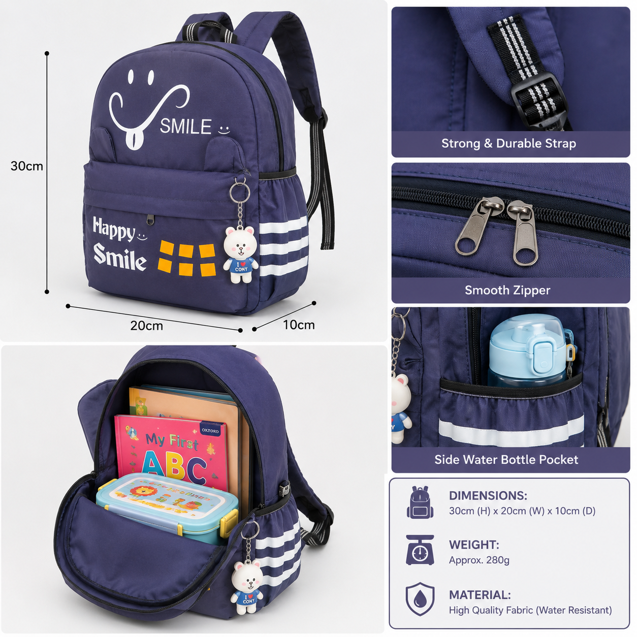 Happy Smile Kids School Backpack | Lightweight Water-Resistant Backpack for Boys & Girls | Spacious School Bag with Side Bottle Pocket & Cute Bear Keychain