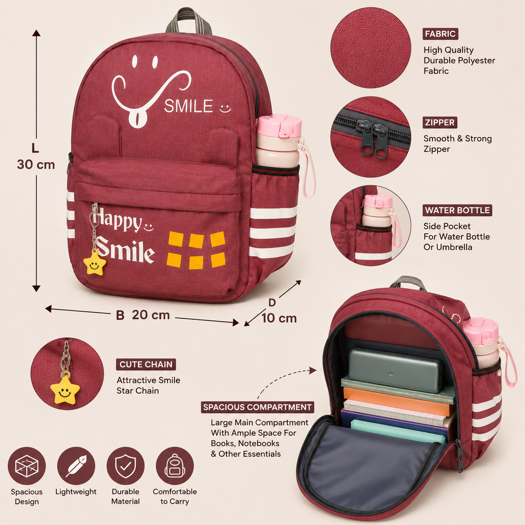Happy Smile Kids School Backpack | Lightweight School Bag for Boys & Girls | Water-Resistant Polyester Backpack with Side Bottle Pocket