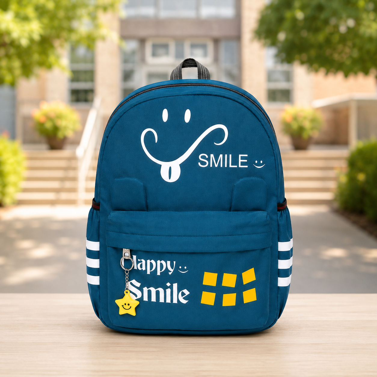 Happy Smile Kids School Backpack | Lightweight Water-Resistant Backpack for Boys & Girls | Spacious School Bag with Side Bottle Pocket & Star Keychain