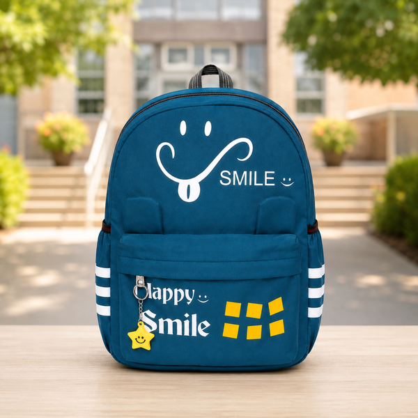 Happy Smile Kids School Backpack | Lightweight Water-Resistant Backpack for Boys & Girls | Spacious School Bag with Side Bottle Pocket & Star Keychain