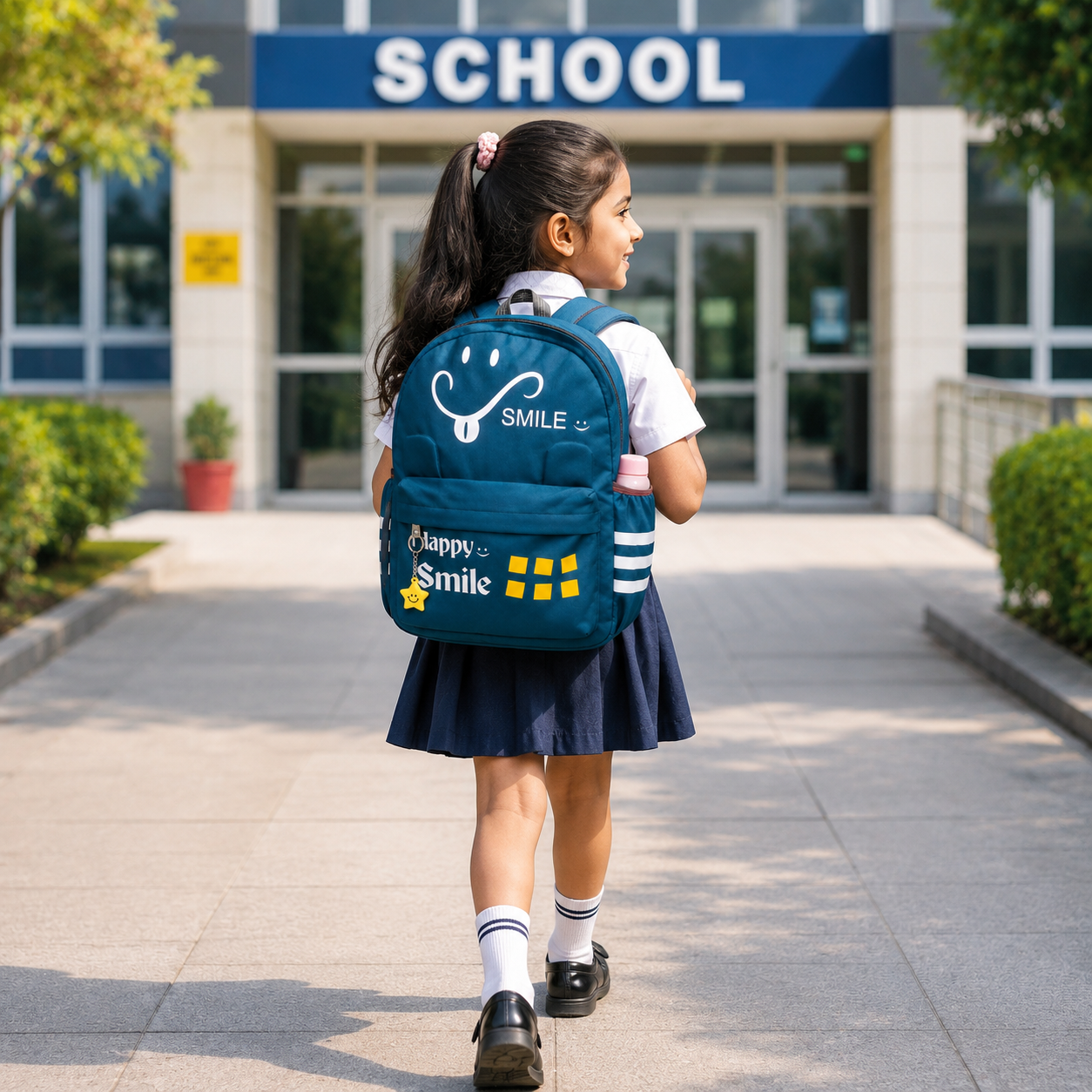 Happy Smile Kids School Backpack | Lightweight Water-Resistant Backpack for Boys & Girls | Spacious School Bag with Side Bottle Pocket & Star Keychain