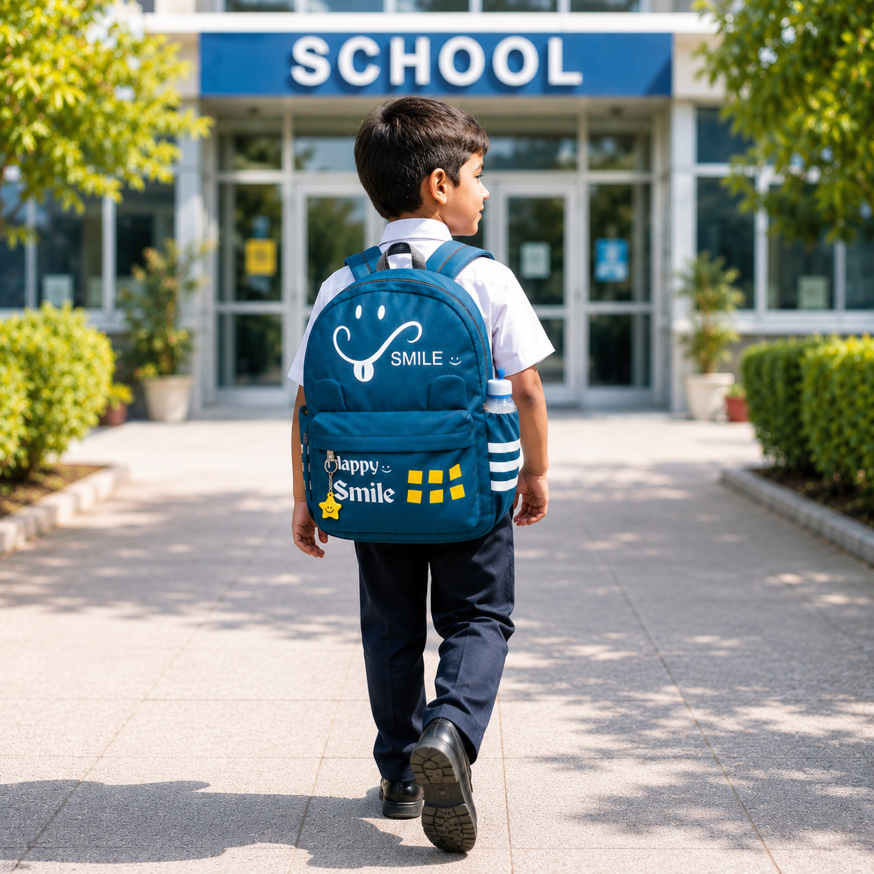 Happy Smile Kids School Backpack | Lightweight Water-Resistant Backpack for Boys & Girls | Spacious School Bag with Side Bottle Pocket & Star Keychain