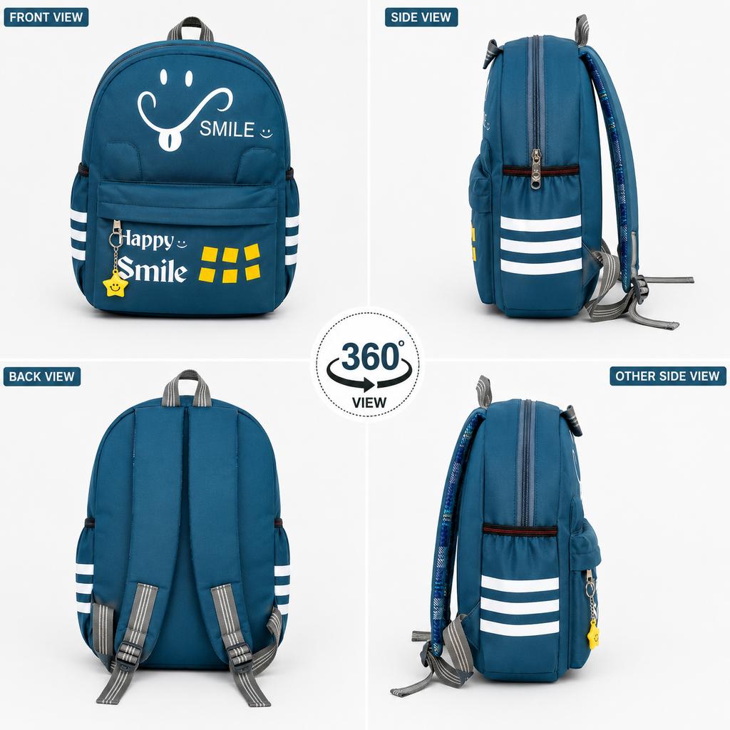 Happy Smile Kids School Backpack | Lightweight Water-Resistant Backpack for Boys & Girls | Spacious School Bag with Side Bottle Pocket & Star Keychain
