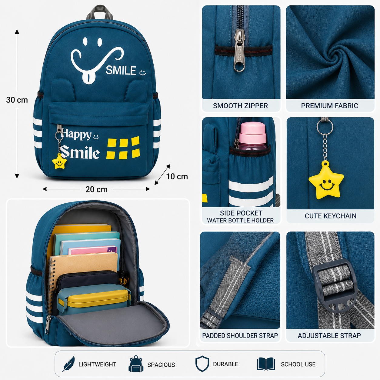 Happy Smile Kids School Backpack | Lightweight Water-Resistant Backpack for Boys & Girls | Spacious School Bag with Side Bottle Pocket & Star Keychain
