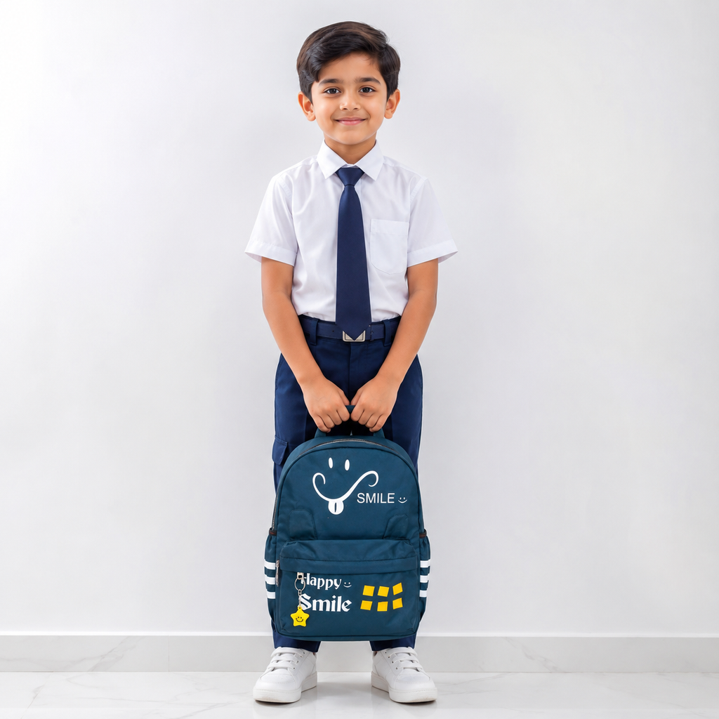 Happy Smile Kids School Backpack | Lightweight Water-Resistant Backpack for Boys & Girls | Spacious School Bag with Side Bottle Pocket & Star Keychain