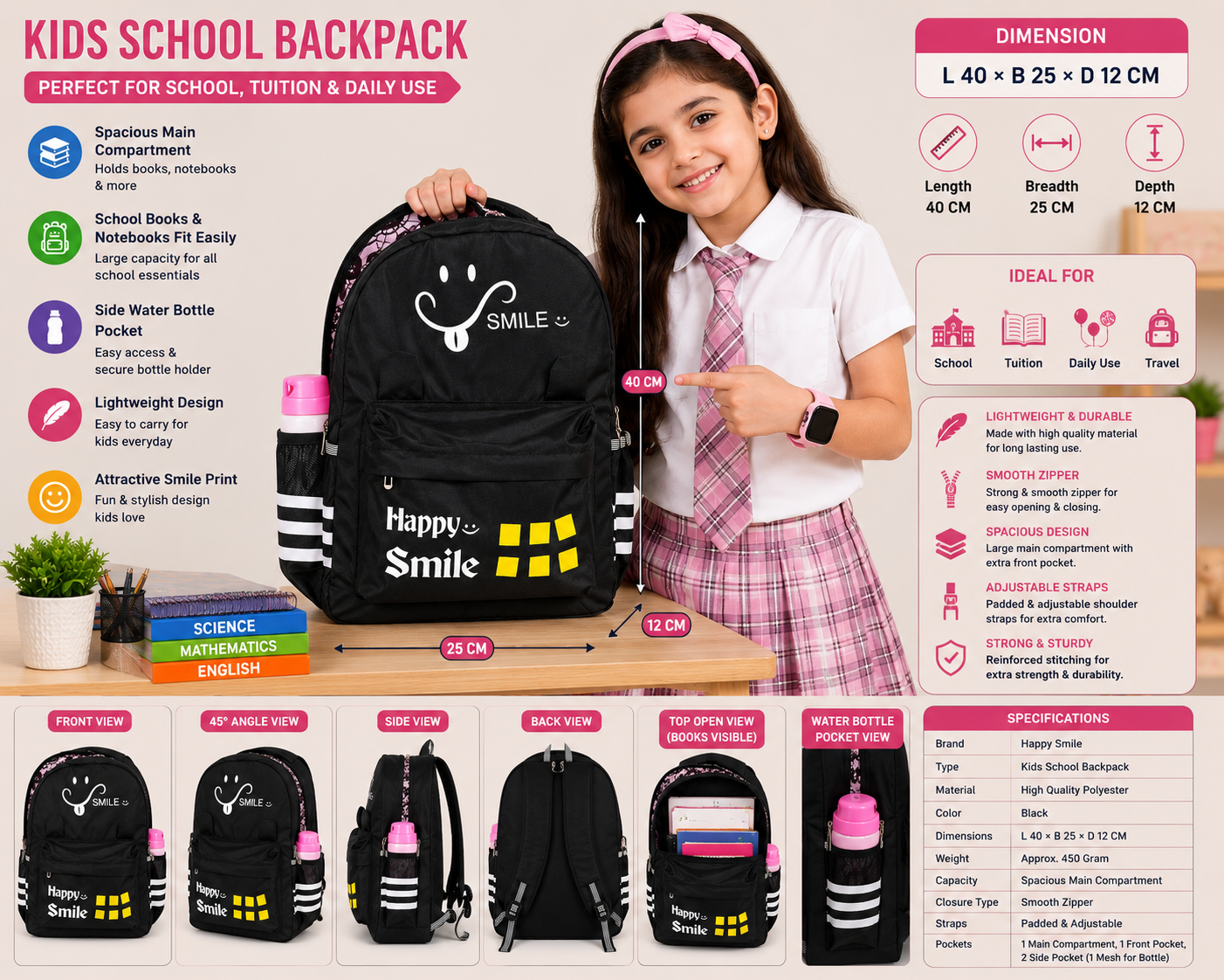 Kids School Backpack for Boys & Girls | Lightweight School Bag with Spacious Compartments, Side Bottle Pocket & Adjustable Straps