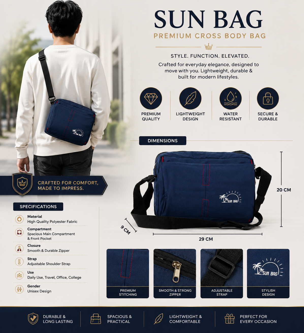Premium Office Messenger Bag for Men | Lightweight Crossbody Travel Shoulder Bag with Multiple Compartments
