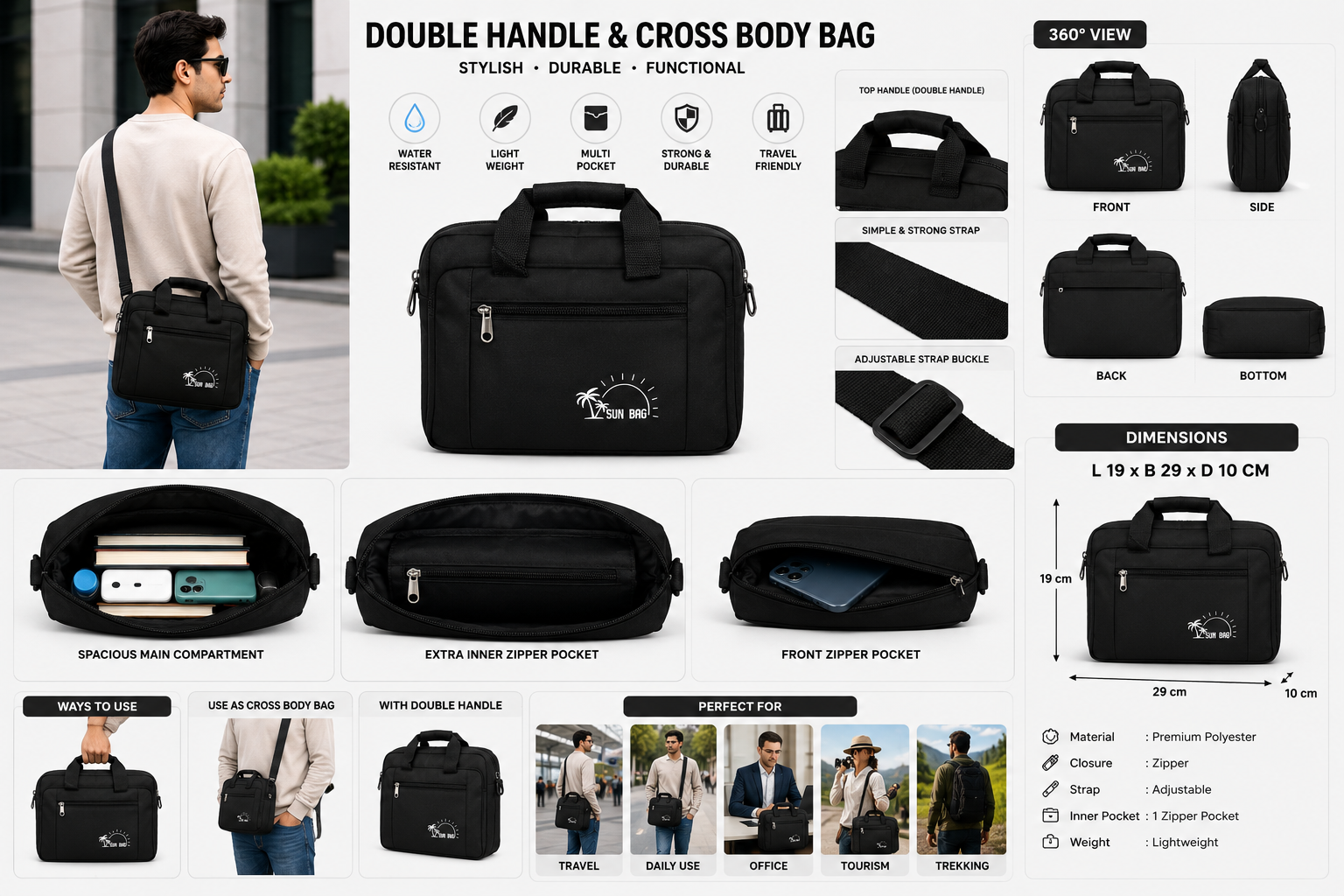 Premium Business Messenger Bag for Men | Office Document Shoulder Bag | Lightweight Travel Crossbody Bag with Multiple Compartments