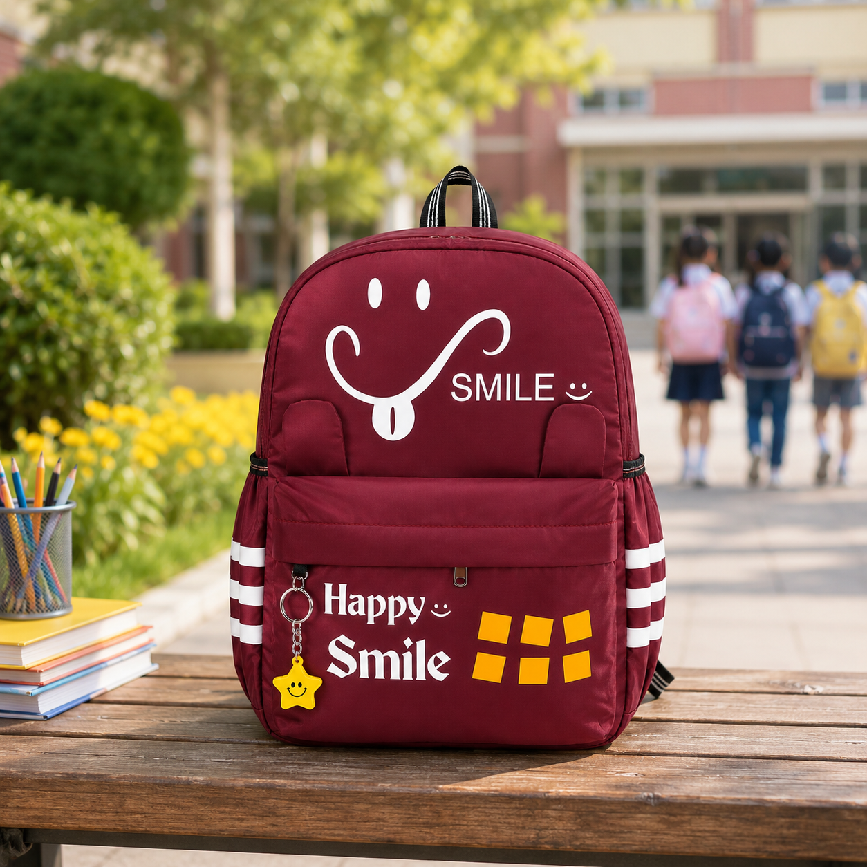 Happy Smile Kids School Backpack | Lightweight Water-Resistant Backpack for Boys & Girls | Spacious School Bag with Side Bottle Pocket & Star Keychain