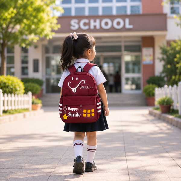 Happy Smile Kids School Backpack | Lightweight Water-Resistant Backpack for Boys & Girls | Spacious School Bag with Side Bottle Pocket & Star Keychain