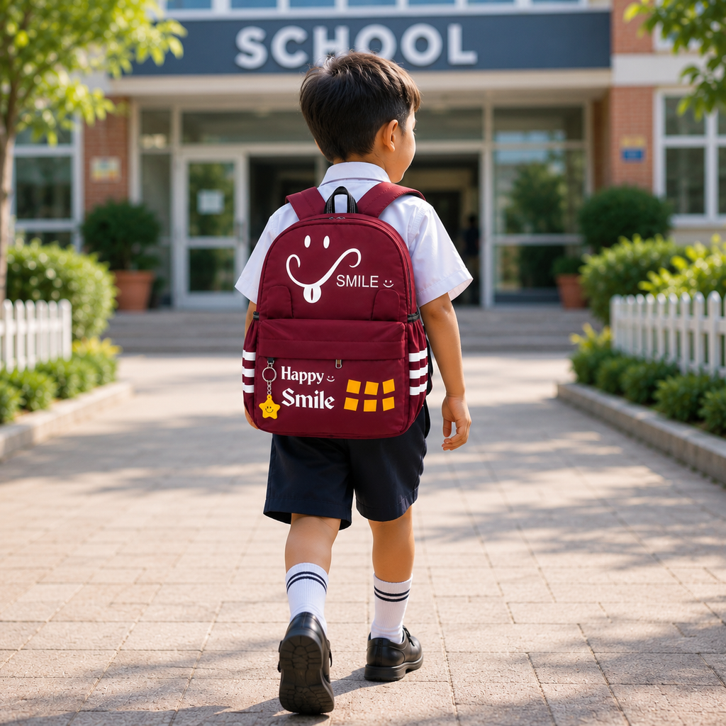 Happy Smile Kids School Backpack | Lightweight Water-Resistant Backpack for Boys & Girls | Spacious School Bag with Side Bottle Pocket & Star Keychain