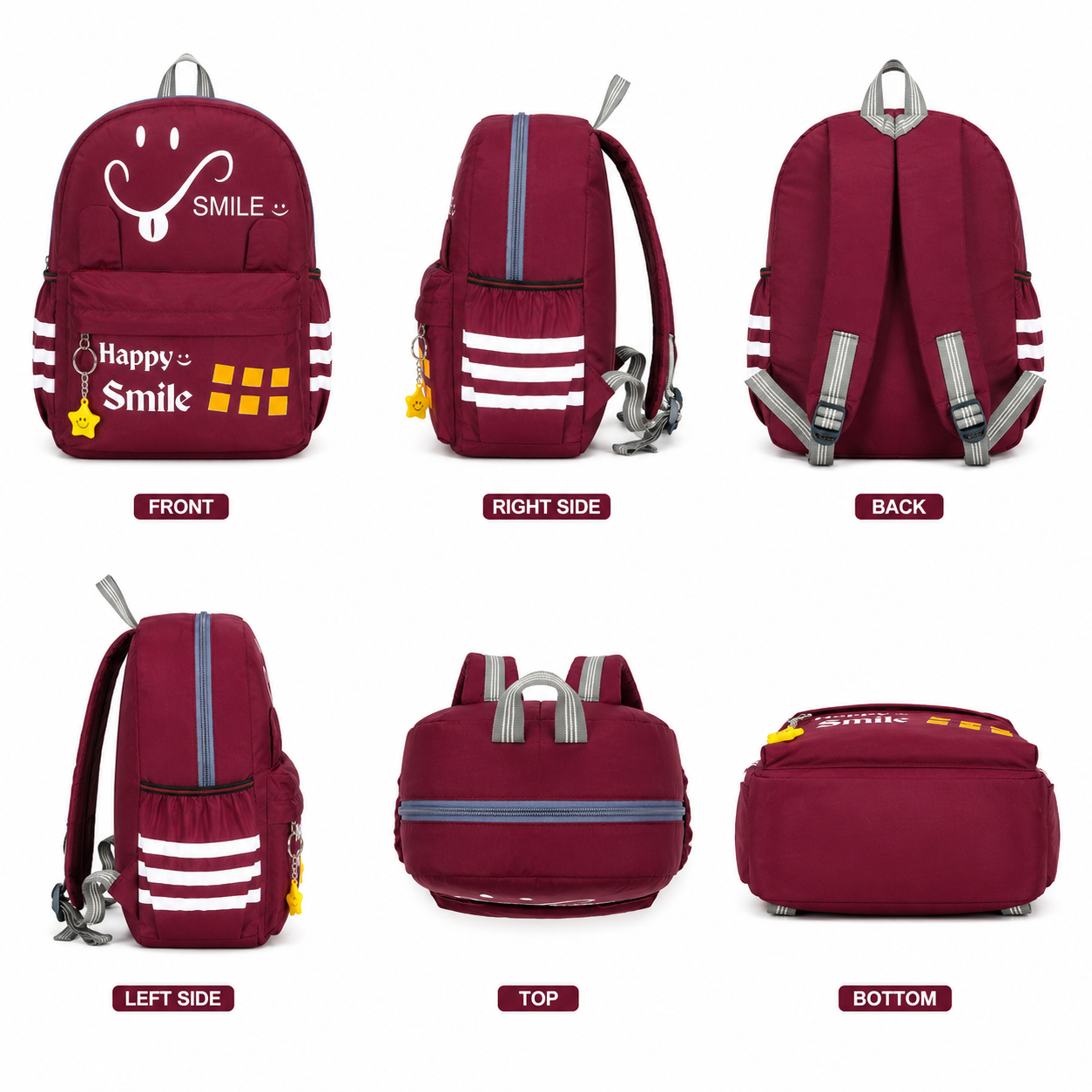 Happy Smile Kids School Backpack | Lightweight Water-Resistant Backpack for Boys & Girls | Spacious School Bag with Side Bottle Pocket & Star Keychain