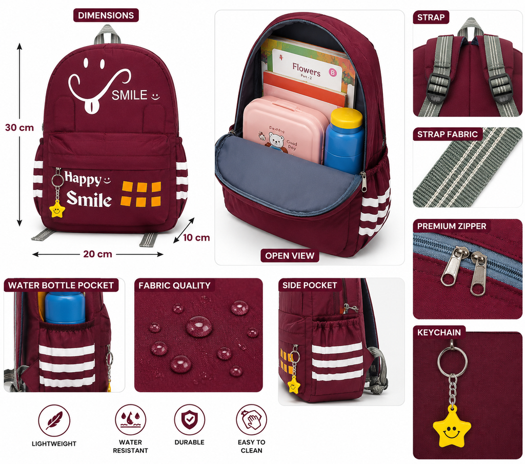 Happy Smile Kids School Backpack | Lightweight Water-Resistant Backpack for Boys & Girls | Spacious School Bag with Side Bottle Pocket & Star Keychain