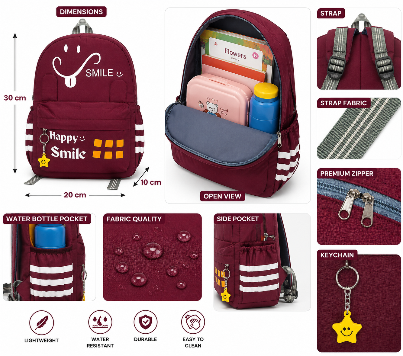 Happy Smile Kids School Backpack | Lightweight Water-Resistant Backpack for Boys & Girls | Spacious School Bag with Side Bottle Pocket & Star Keychain