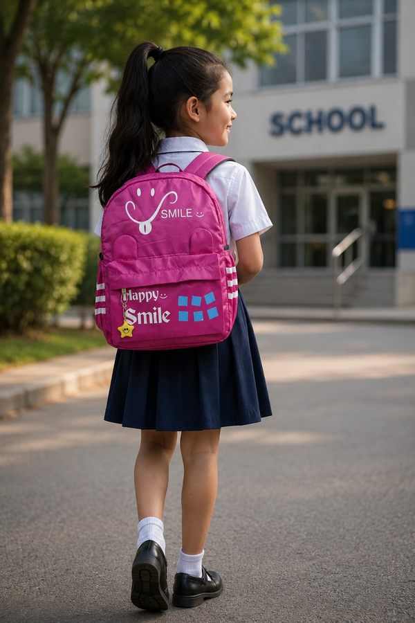 HANVORA Happy Smile Kids School Bag Pink - Front and rear view