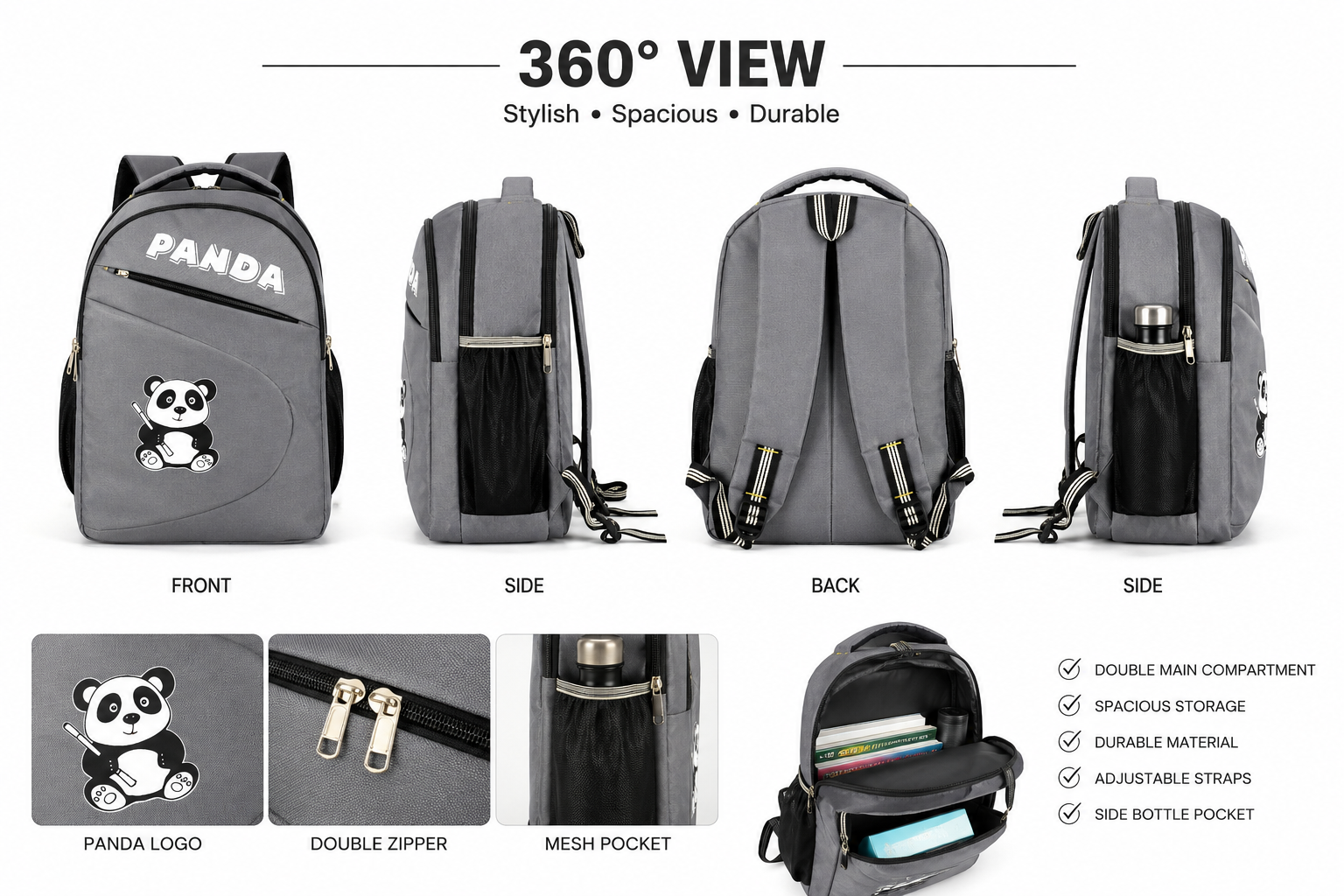 HANVORA Panda Kids School Bag Grey - Comfort features