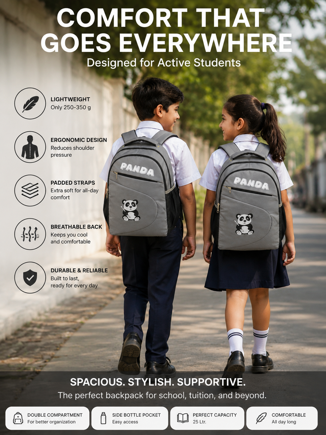 HANVORA Panda Kids School Bag Grey - White background front view