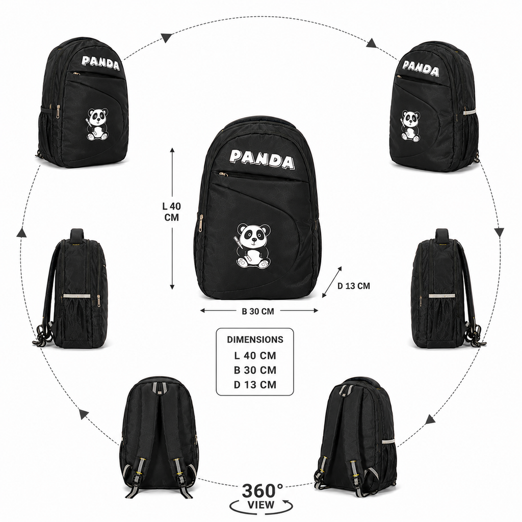 HANVORA Panda Kids School Bag - 360 View with Dimensions