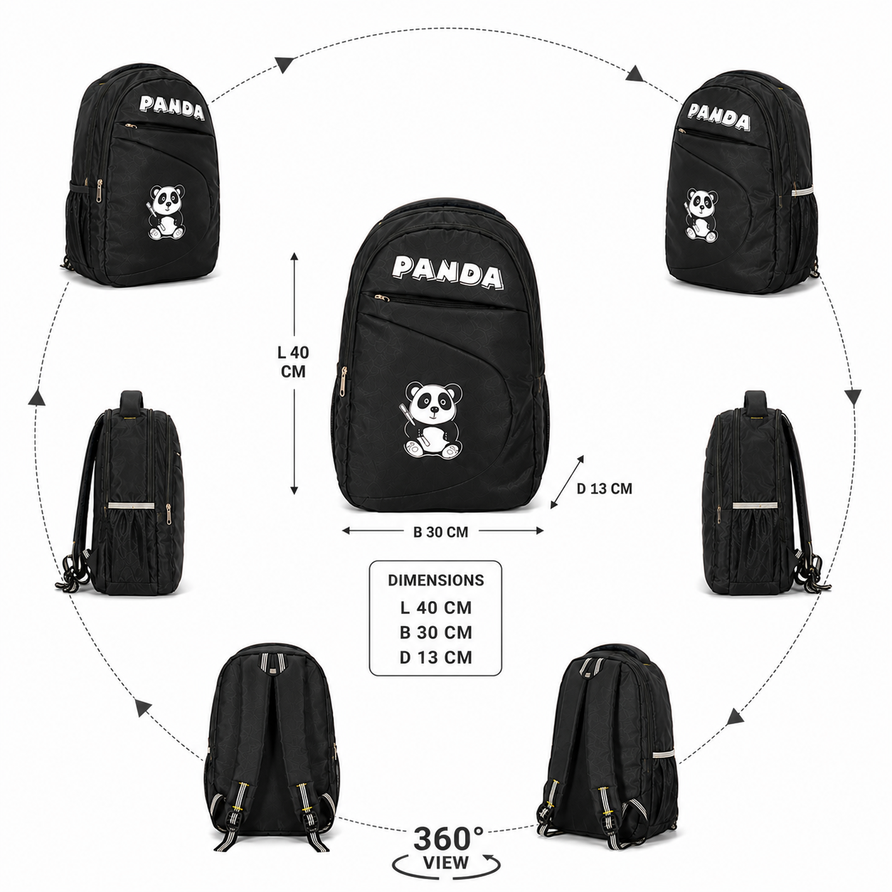 HANVORA Panda Kids School Bag - 360 View with Dimensions