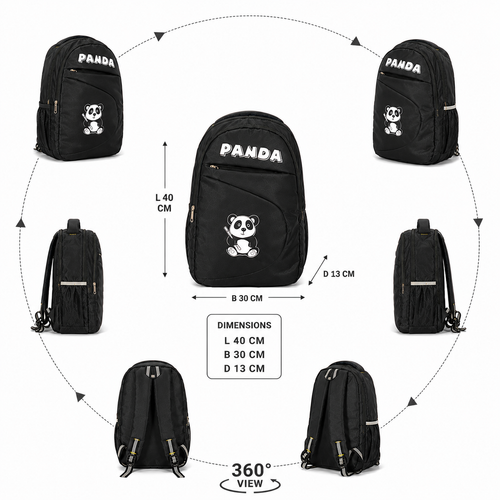 HANVORA Panda Kids School Bag - 360 View with Dimensions