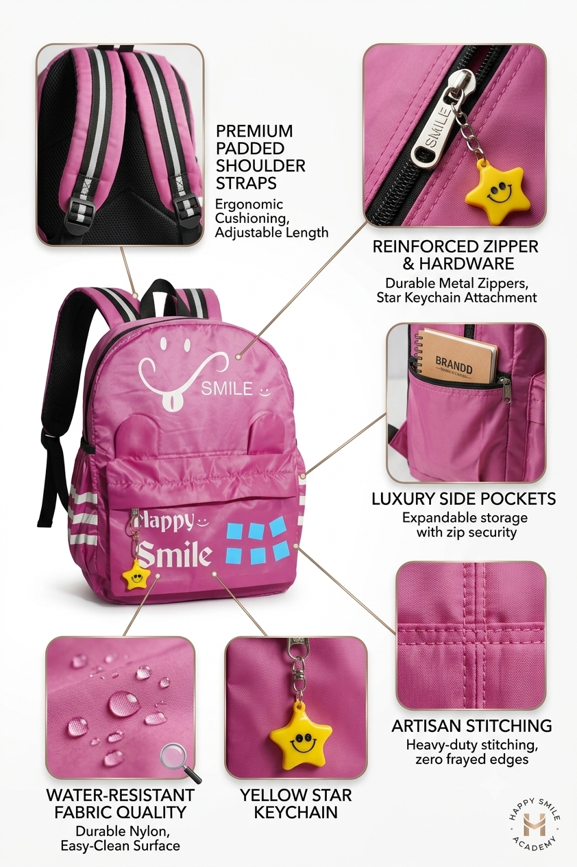 HANVORA Happy Smile Kids School Bag Pink - Detail features