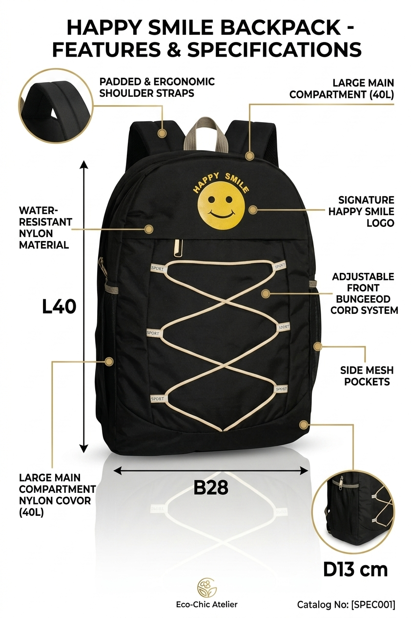 Happy Smile Kids School Backpack | 30L Lightweight Water-Resistant Backpack for Boys & Girls | Spacious School Bag with Bottle Pocket & Padded Shoulder Straps