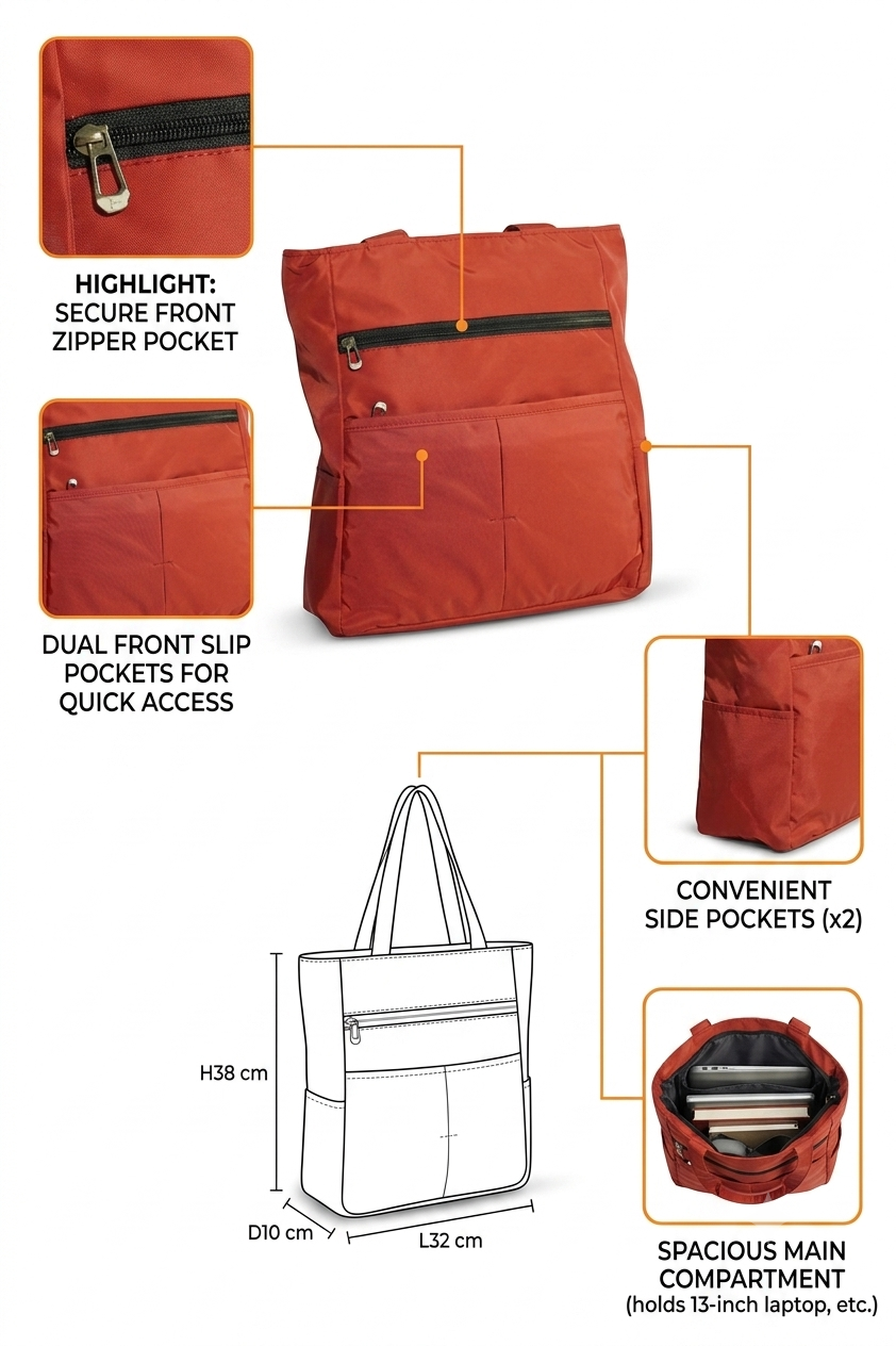 Women's Tote Bag | Stylish Lightweight Multi Pocket Shoulder Handbag