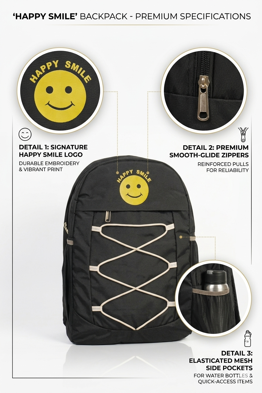 Happy Smile Kids School Backpack | 30L Lightweight Water-Resistant Backpack for Boys & Girls | Spacious School Bag with Bottle Pocket & Padded Shoulder Straps