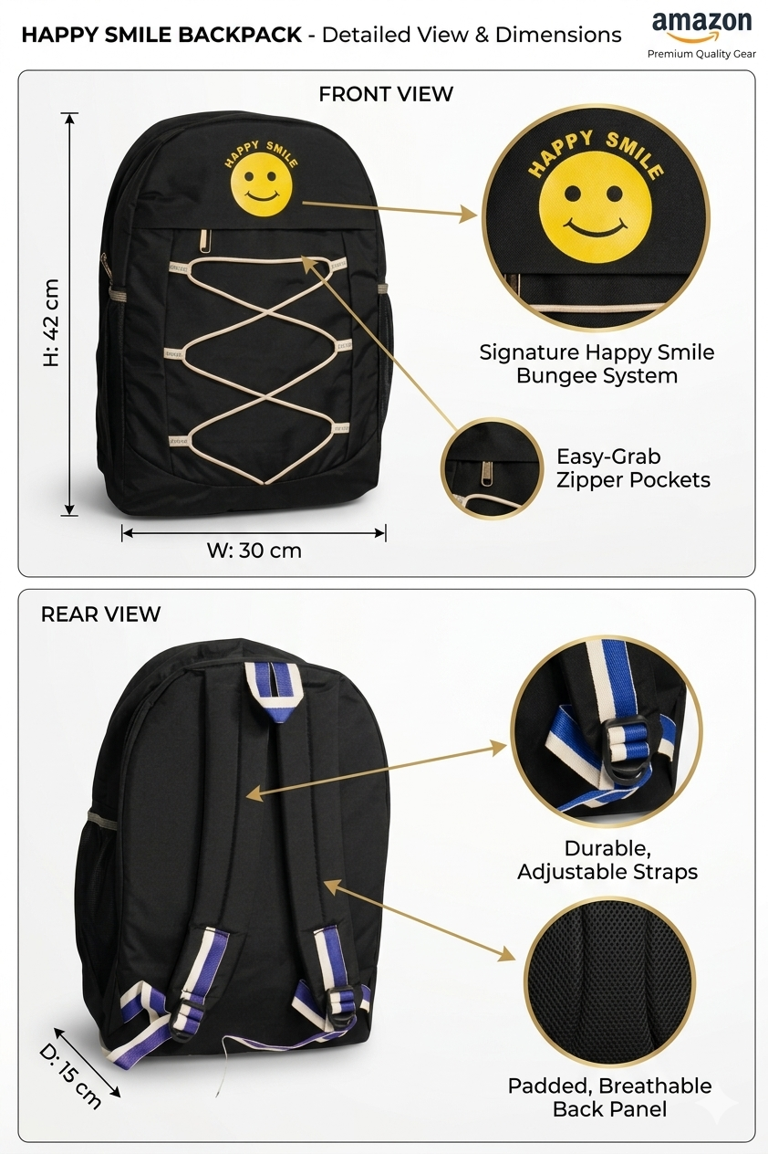 Happy Smile Kids School Backpack | 30L Lightweight Water-Resistant Backpack for Boys & Girls | Spacious School Bag with Bottle Pocket & Padded Shoulder Straps