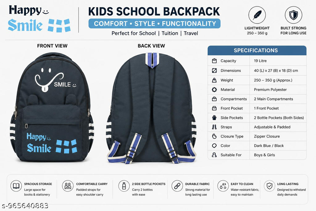 Kids School Backpack | Cute Smile Print Lightweight School Bag for Boys & Girls