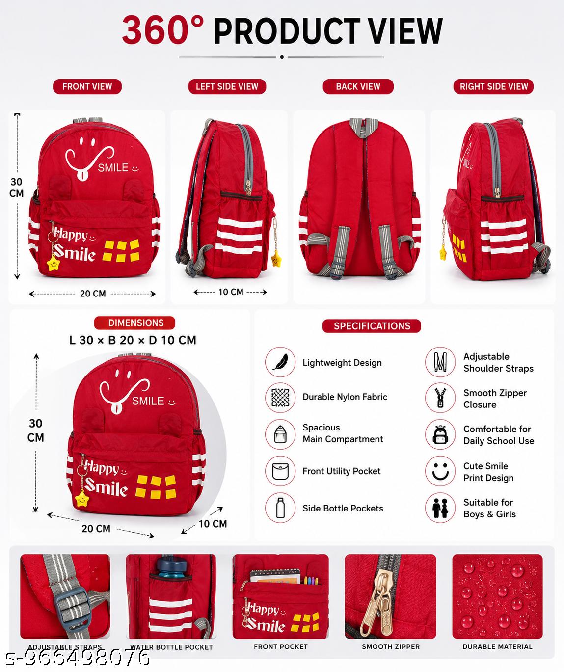 HANVORA Happy Smile Kids School Bag Red - White background front